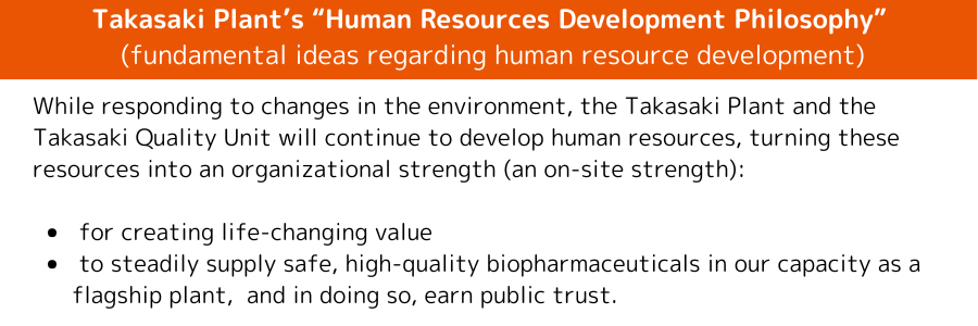 Takasaki Plant's "Human Resources Development Philosophy"　(fundamental ideas regarding human resource development) While responding to changes in the environment, the Takasaki Plant and the Takasaki Quality Unit will continue to develop human resources, turning these resources into an organizational strength (an on-site strength): - for creating life-changing value - to steadily supply safe, high-quality biopharmaceuticals in our capacity as aflagship plant, and in doing so, earn public trust.