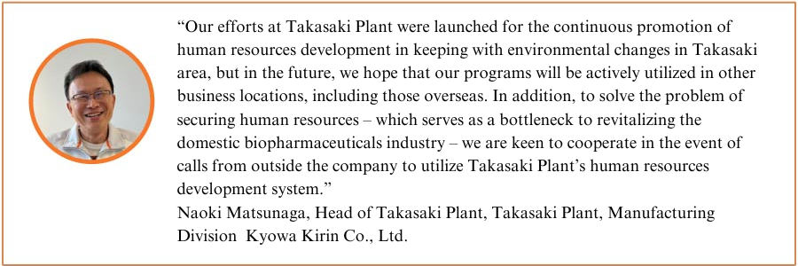 "Our efforts at Takasaki Plant were launched for the continuous promotion of human resources development in keeping with environmental changes in Takasaki area, but in the future, we hope that our programs will be actively utilized in other business locations, including those overseas. In addition, to solve the problem of securing human resources - which serves as a bottleneck to revitalizing the domestic biopharmaceuticals industry - we are keen to cooperate in the event of calls from outside the company to utilize Takasaki Plant's human resources development system. "Naoki Matsunaga, Head of Takasaki Plant, Takasaki Plant, Manufacturing Division Kyowa Kirin Co., Ltd.