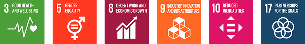 3. SDGs logo, Good Health and Well-Being 5. SDGs logo, Gender Equality 8. SDGs logo, Decent Work and Economic Growth 9. SDGs logo, Industry, Innovation and Infrastructure 10. SDGs logo, Reduced Inequalities 17. SDGs logo, Partnerships for The Goals