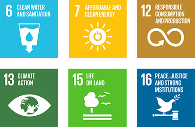 6. SDGs logo, Clean Water and Sanitation 7. SDGs logo, Affordable and Clean Energy 12. SDGs logo, Responsible Consumption and Production 13. SDGs logo, Climate Action 15. SDGs logo, Life on Land 16. SDGs logo, Peace, Justice and Strong Institutions